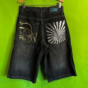 Size 30 2009 Y2K Popeye Vtg denim shorts black Rising Sun baggy skater style
